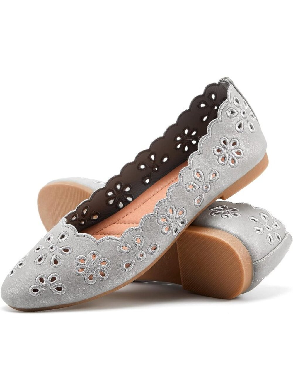 Women's Ballet Flats Grey PU Leather Shoes Comfortable Round Toe Slip on